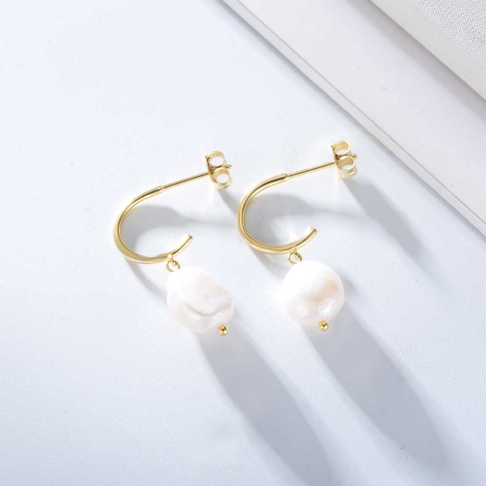 Simple 925 Silver 14K Gold Plated Pearl Earrings