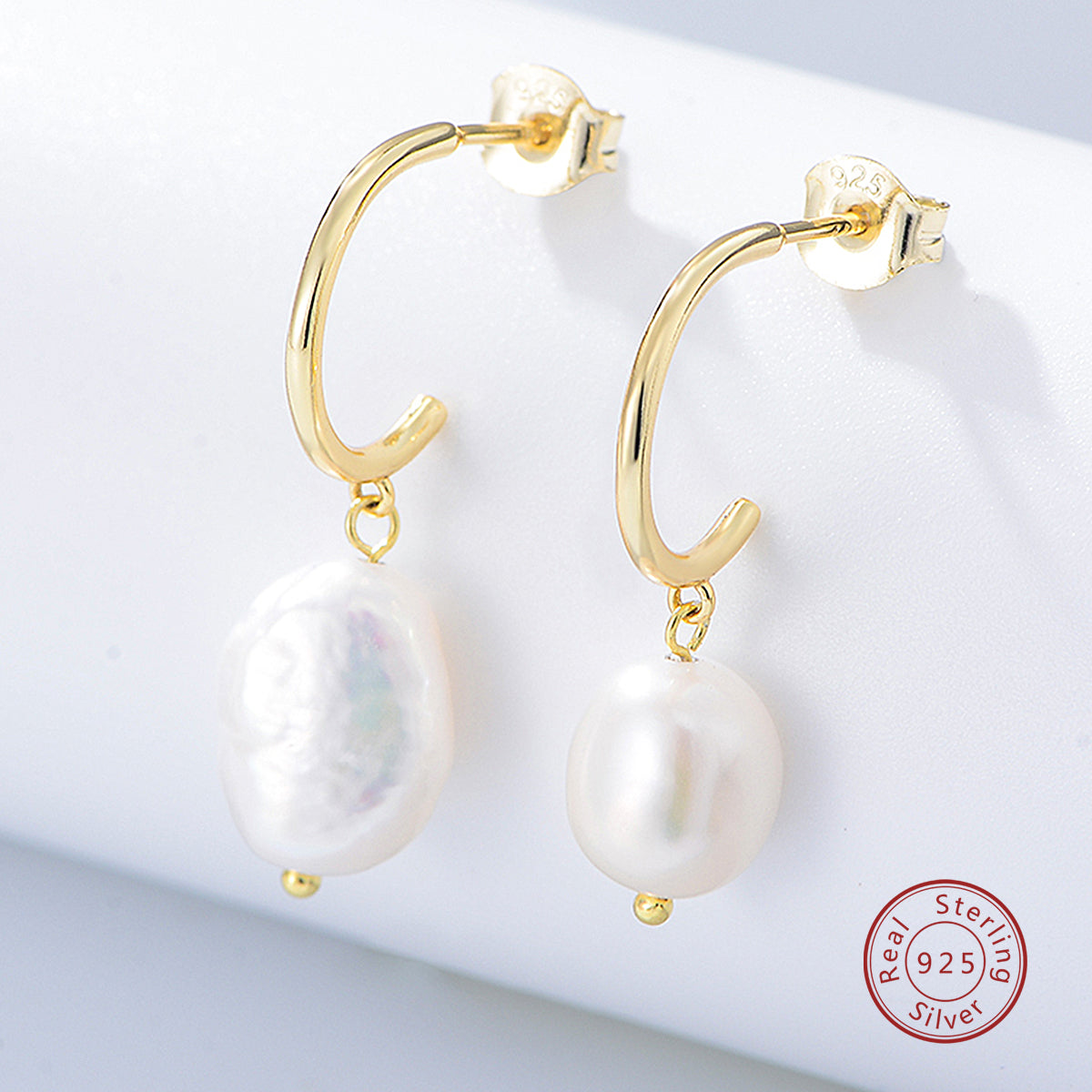 Simple 925 Silver 14K Gold Plated Pearl Earrings