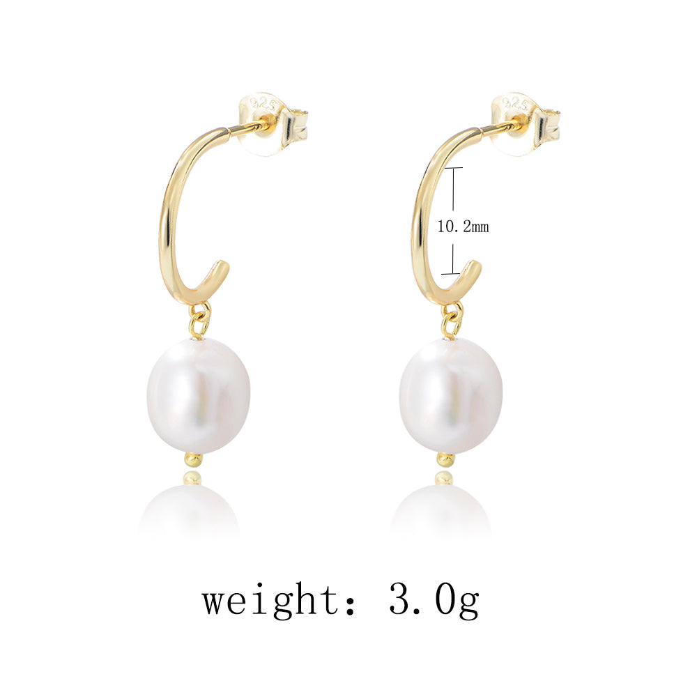 Simple 925 Silver 14K Gold Plated Pearl Earrings