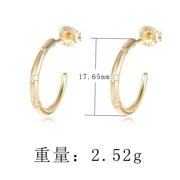 S925 Sterling Silver Mini Zircon Gold Plated C-Shape Earrings