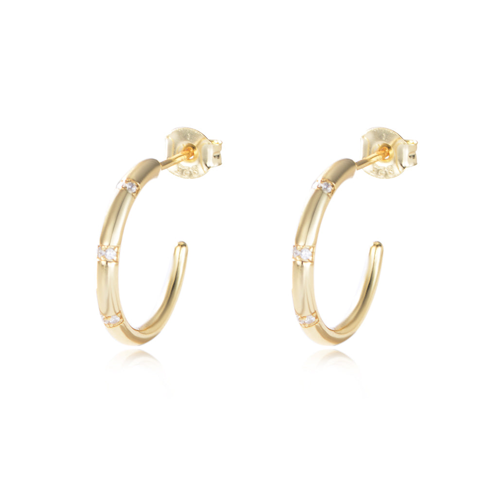 S925 Sterling Silver Mini Zircon Gold Plated C-Shape Earrings