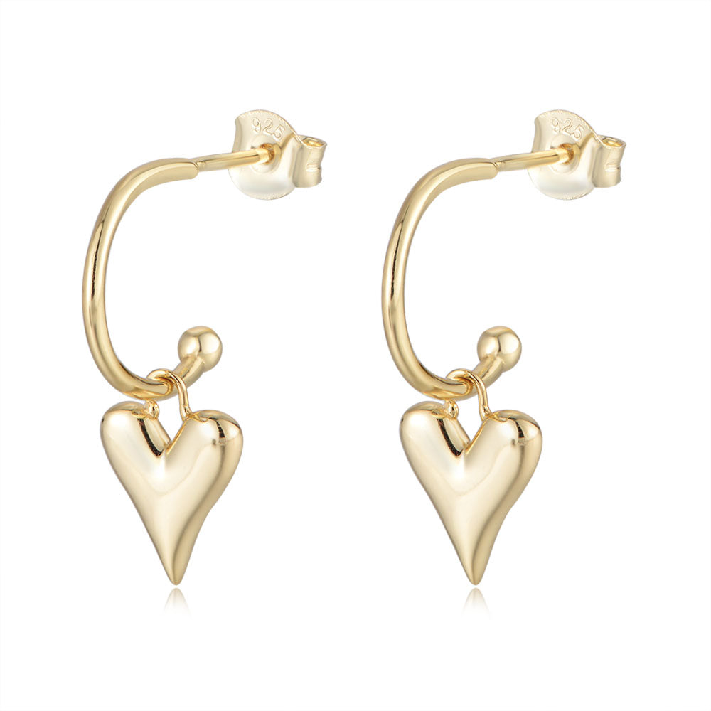 Luxury Heart Charm S925 Silver 14K Gold Plated C Shape Stud Earrings