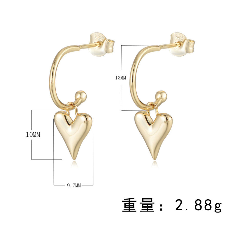 Luxury Heart Charm S925 Silver 14K Gold Plated C Shape Stud Earrings