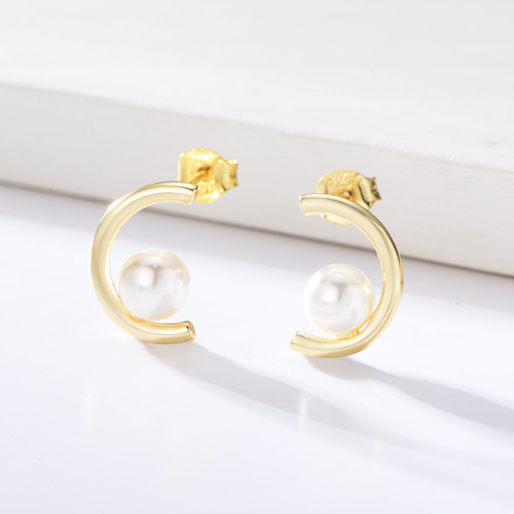 Trendy 14K Gold Plated C-Shaped Inside Pearl Stud Earrings