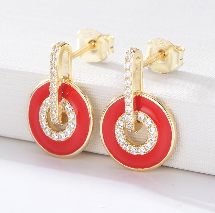 Exquisite 925 Sterling Silver Gold Plated Cubic Zirconia Enamel Circle Stud Earring