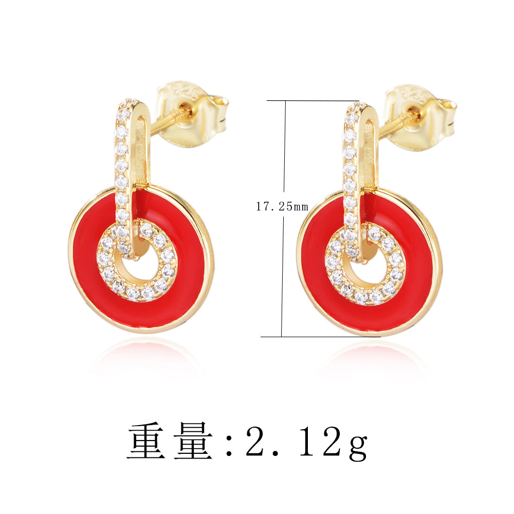 Exquisite 925 Sterling Silver Gold Plated Cubic Zirconia Enamel Circle Stud Earring