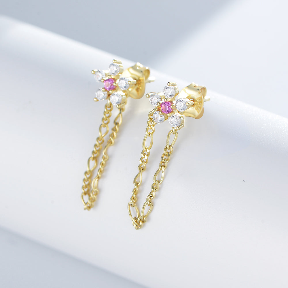Cubic Zirconia Flower Stud Earrings Figaro Chain Drop Earrings