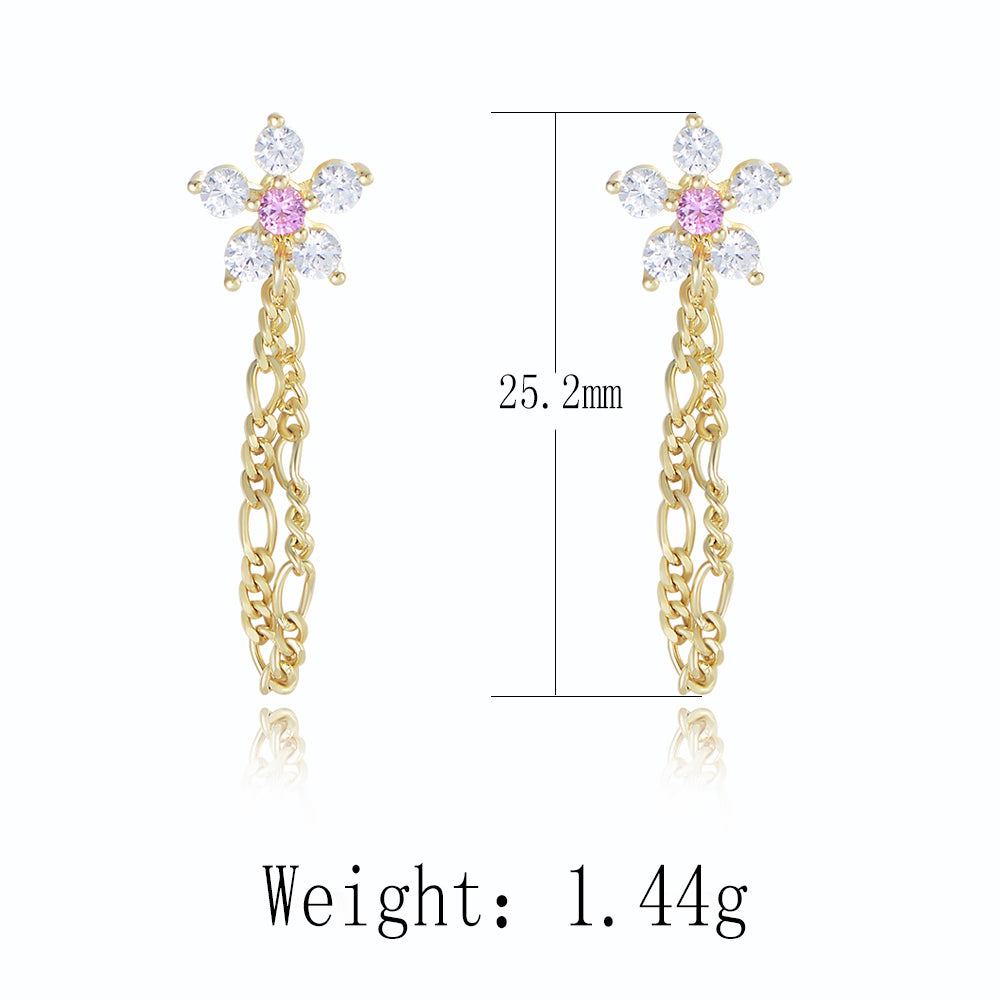 925 Sterling Silver Cubic Zirconia Flower Stud Earrings Figaro Chain Drop Earrings