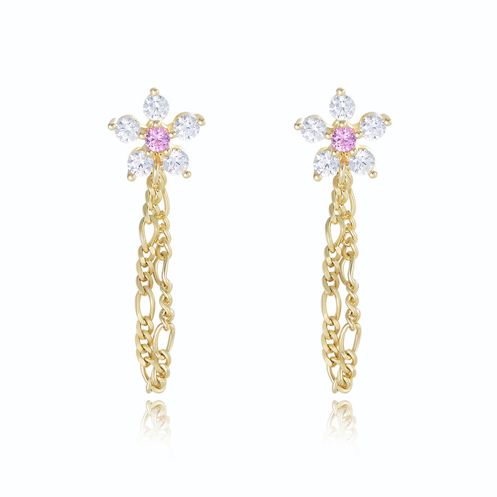 Cubic Zirconia Flower Stud Earrings Figaro Chain Drop Earrings