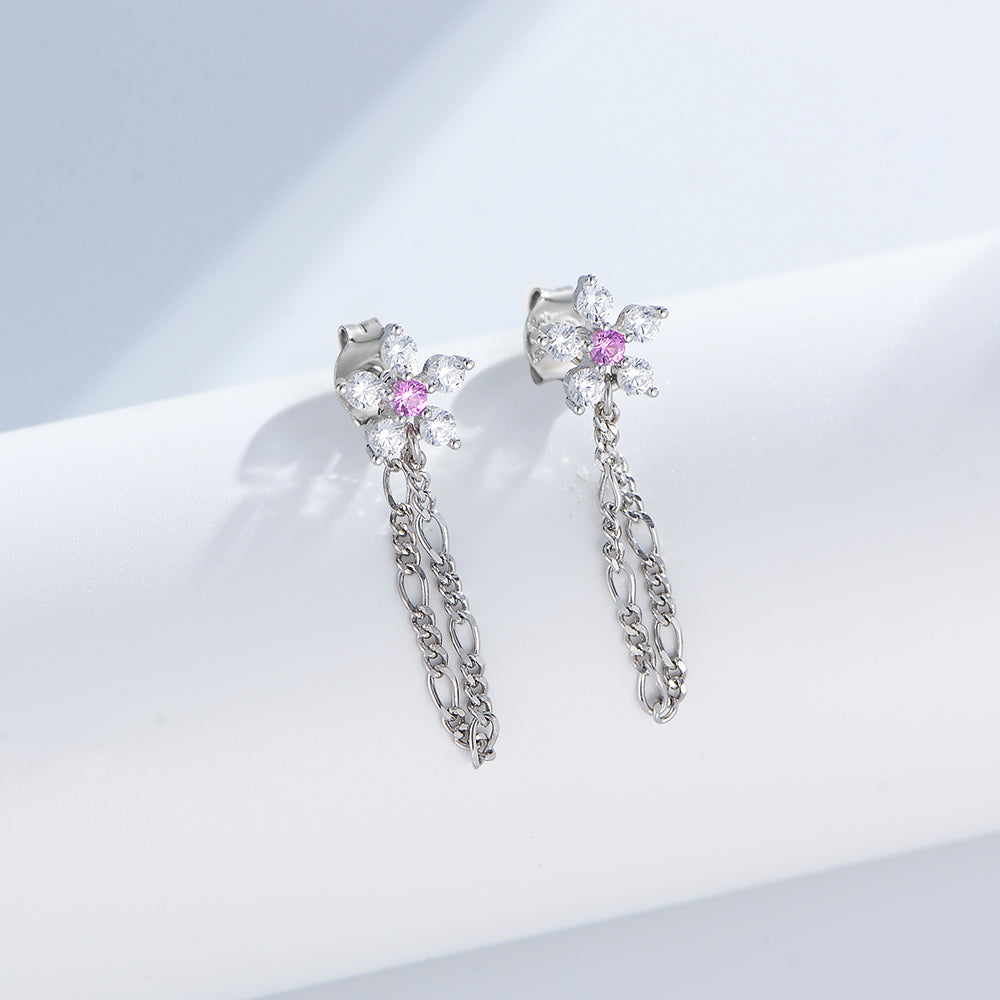 Cubic Zirconia Flower Stud Earrings Figaro Chain Drop Earrings