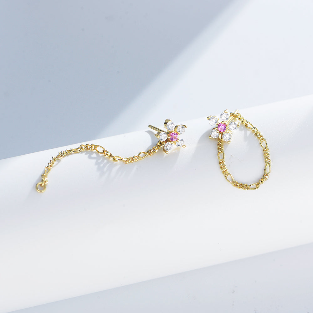 Cubic Zirconia Flower Stud Earrings Figaro Chain Drop Earrings