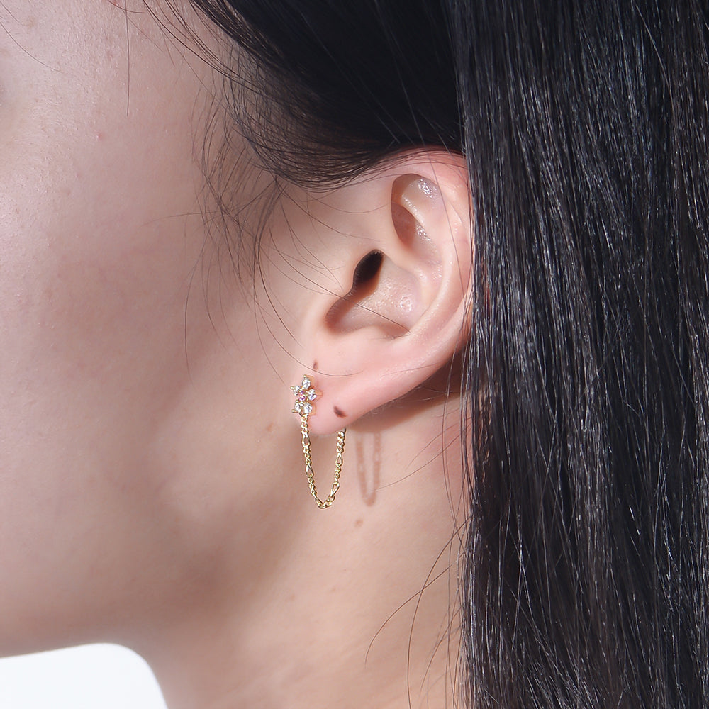Cubic Zirconia Flower Stud Earrings Figaro Chain Drop Earrings