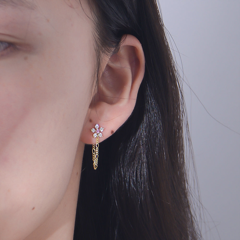 Cubic Zirconia Flower Stud Earrings Figaro Chain Drop Earrings