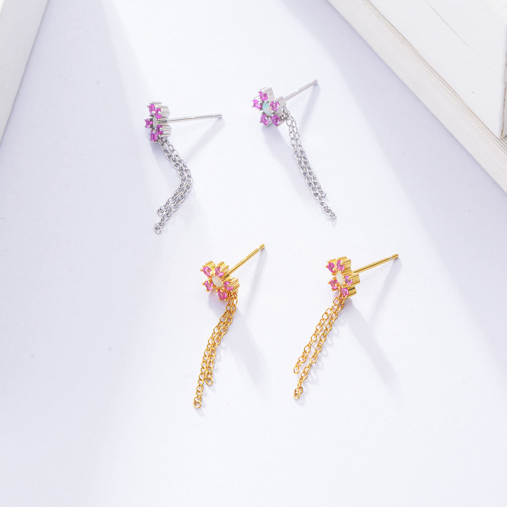 Zircon Flower Tassel Drop Earrings