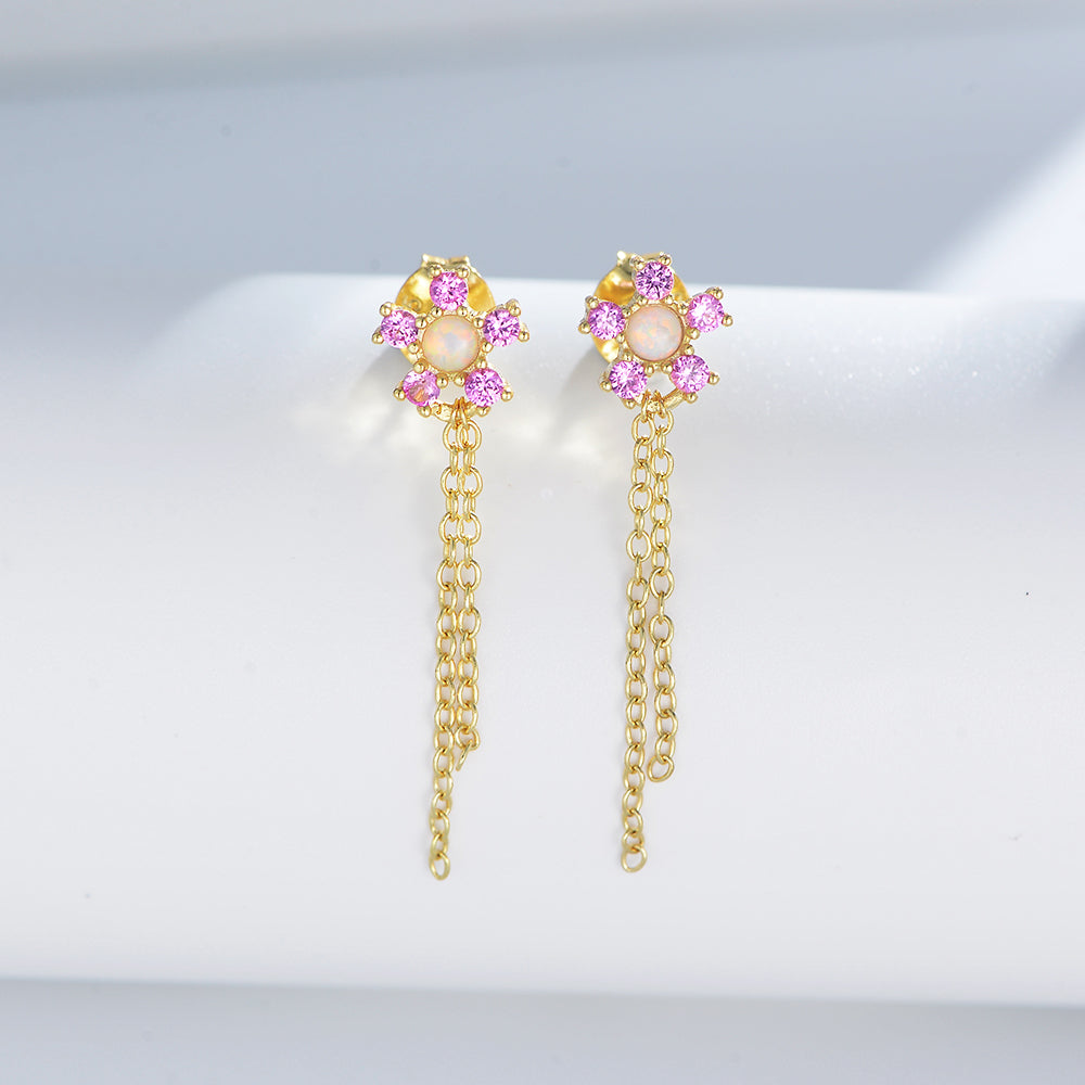 925 Sterling Silver Zircon Flower Tassel Drop Earrings