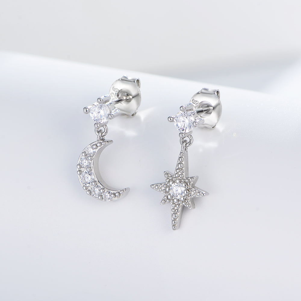 CZ Zirconia Asymmetry Star Moon Earrings