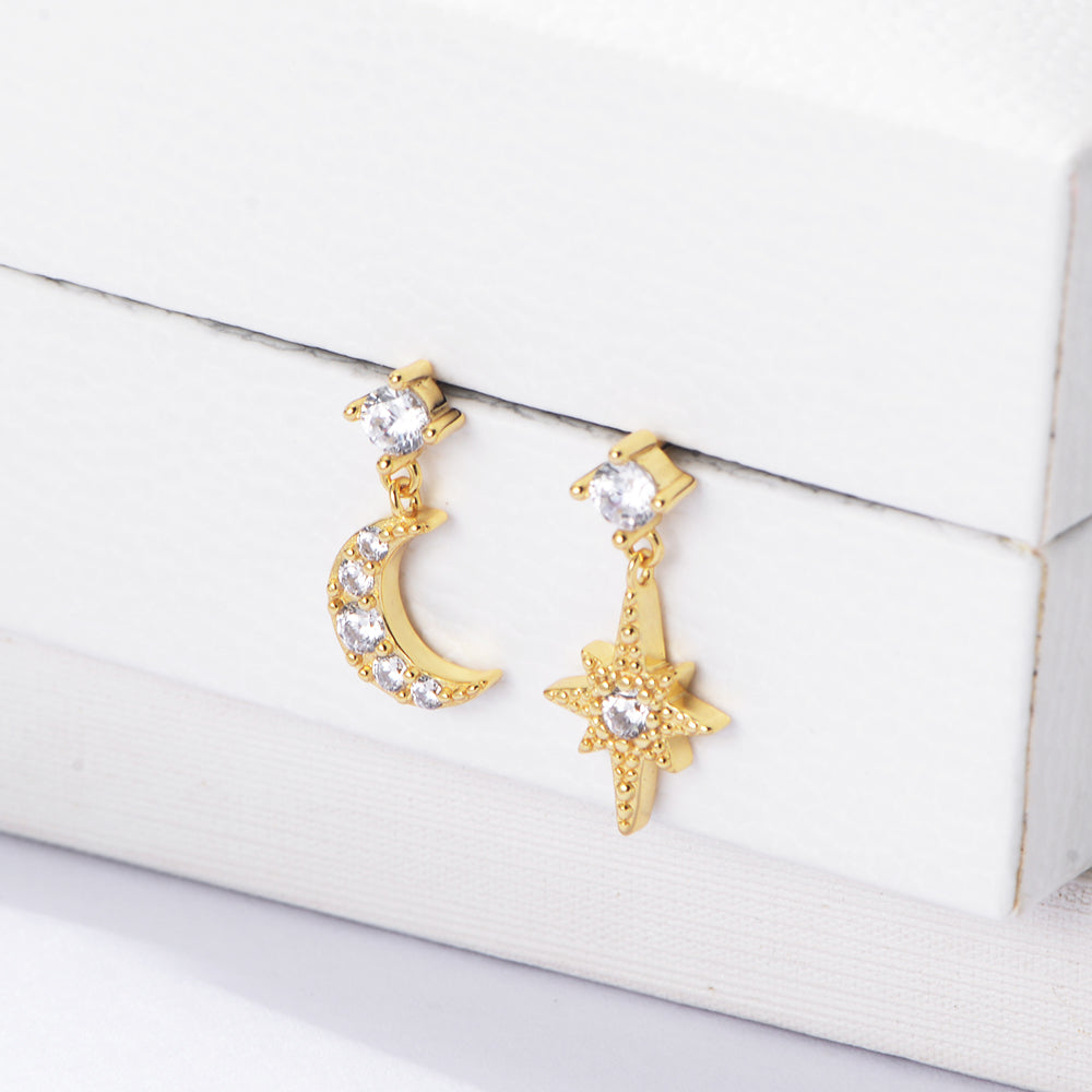CZ Zirconia Asymmetry Star Moon Earrings