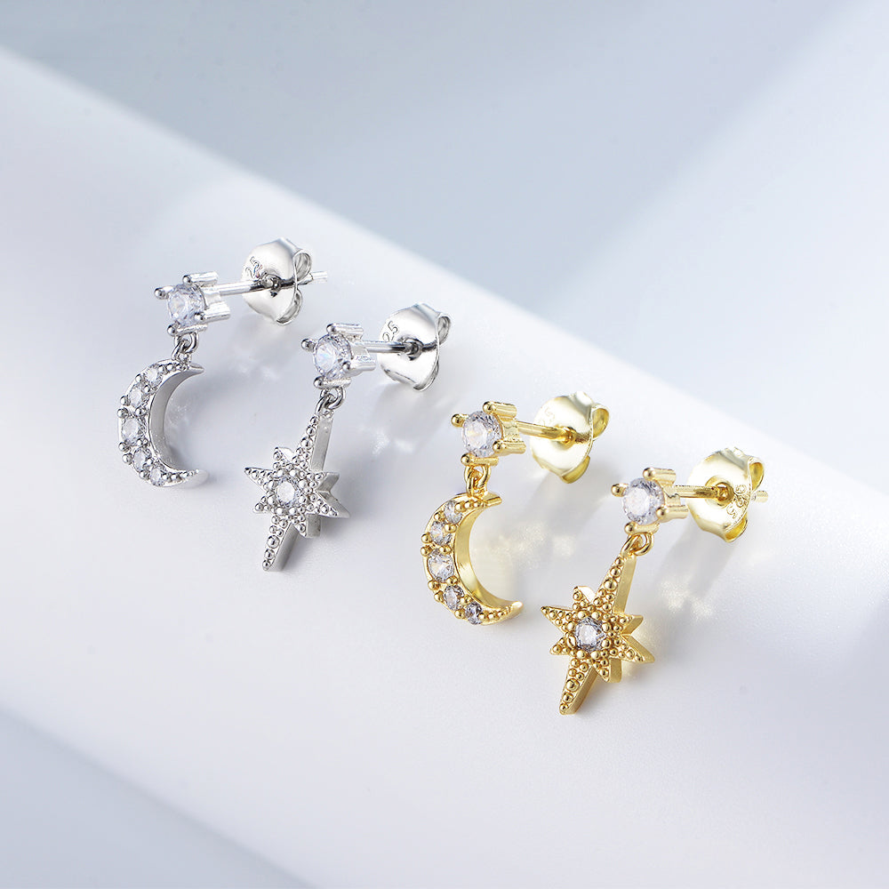 CZ Zirconia Asymmetry Star Moon Earrings