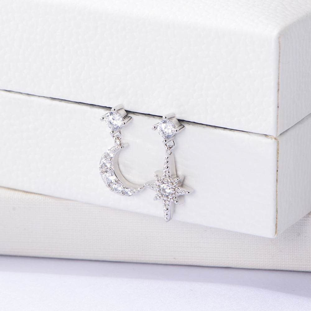 CZ Zirconia Asymmetry Star Moon Earrings