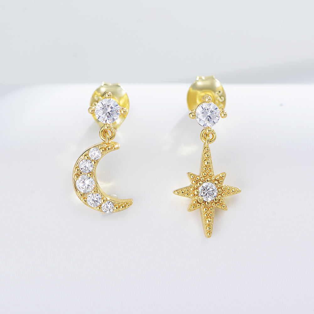 925 Sterling Silver CZ Zirconia Asymmetry Star Moon Earrings