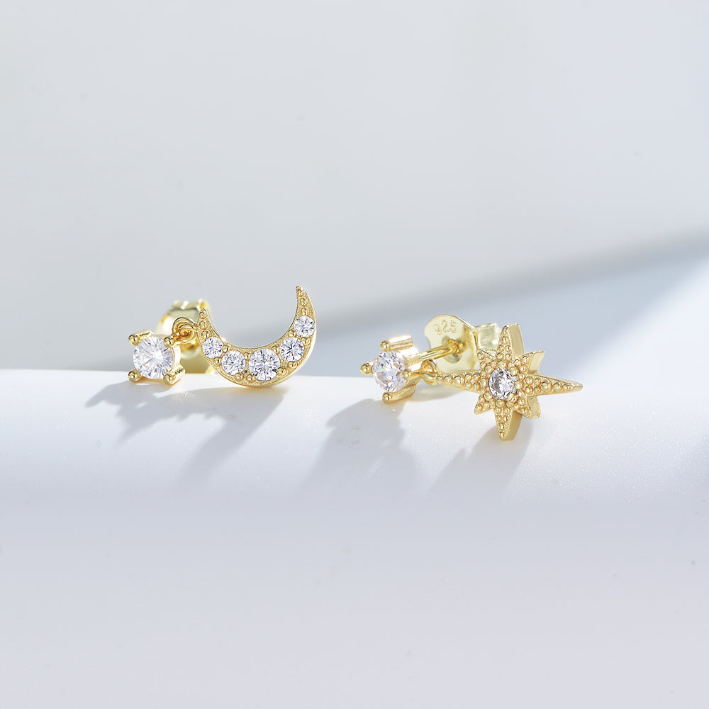 CZ Zirconia Asymmetry Star Moon Earrings