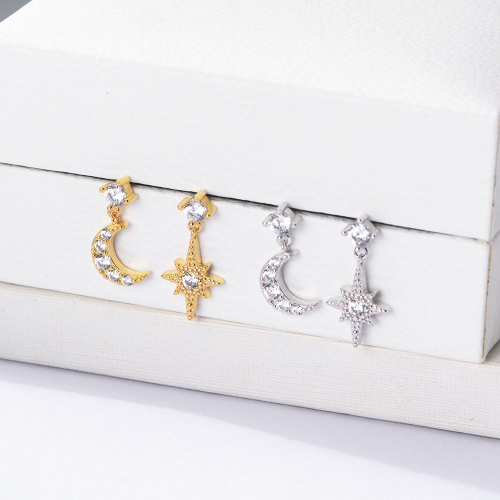 CZ Zirconia Asymmetry Star Moon Earrings