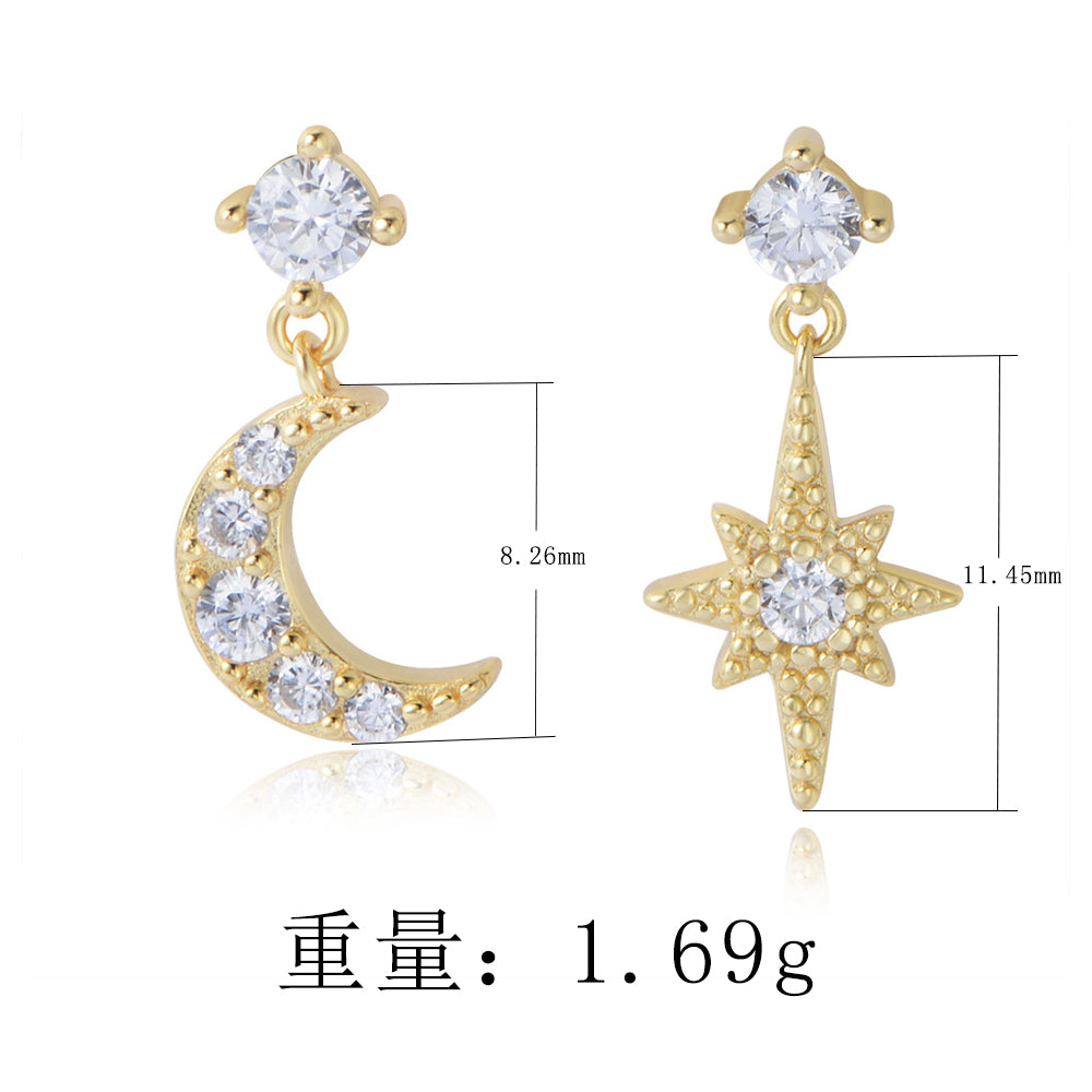 925 Sterling Silver CZ Zirconia Asymmetry Star Moon Earrings