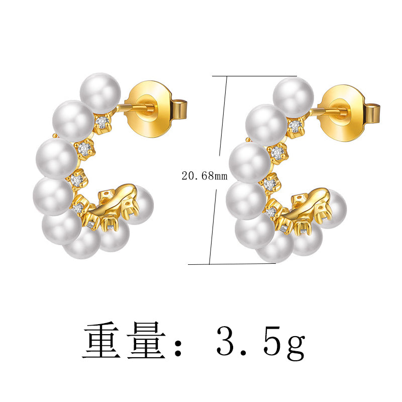 Fashion 925 Sterling Silver Gold Plated CZ Pearl Stud Earrings