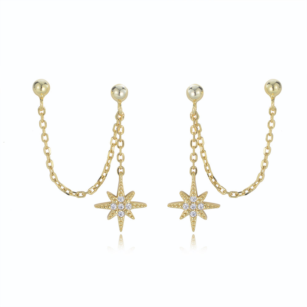 Fashion 925 Sterling Silver 14K Gold Plated Eight Awn Star Long Tassel Link Chain Drop Earrings