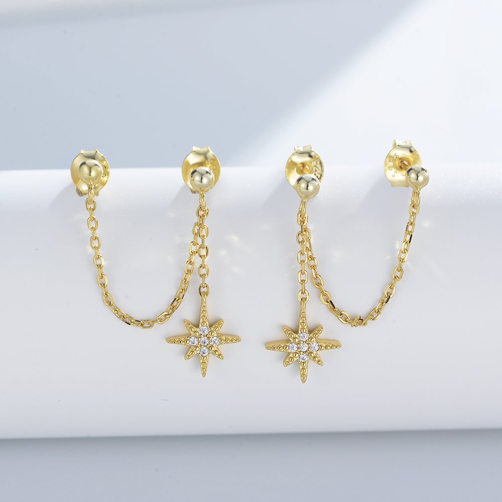 Fashion 925 Sterling Silver 14K Gold Plated Eight Awn Star Long Tassel Link Chain Drop Earrings