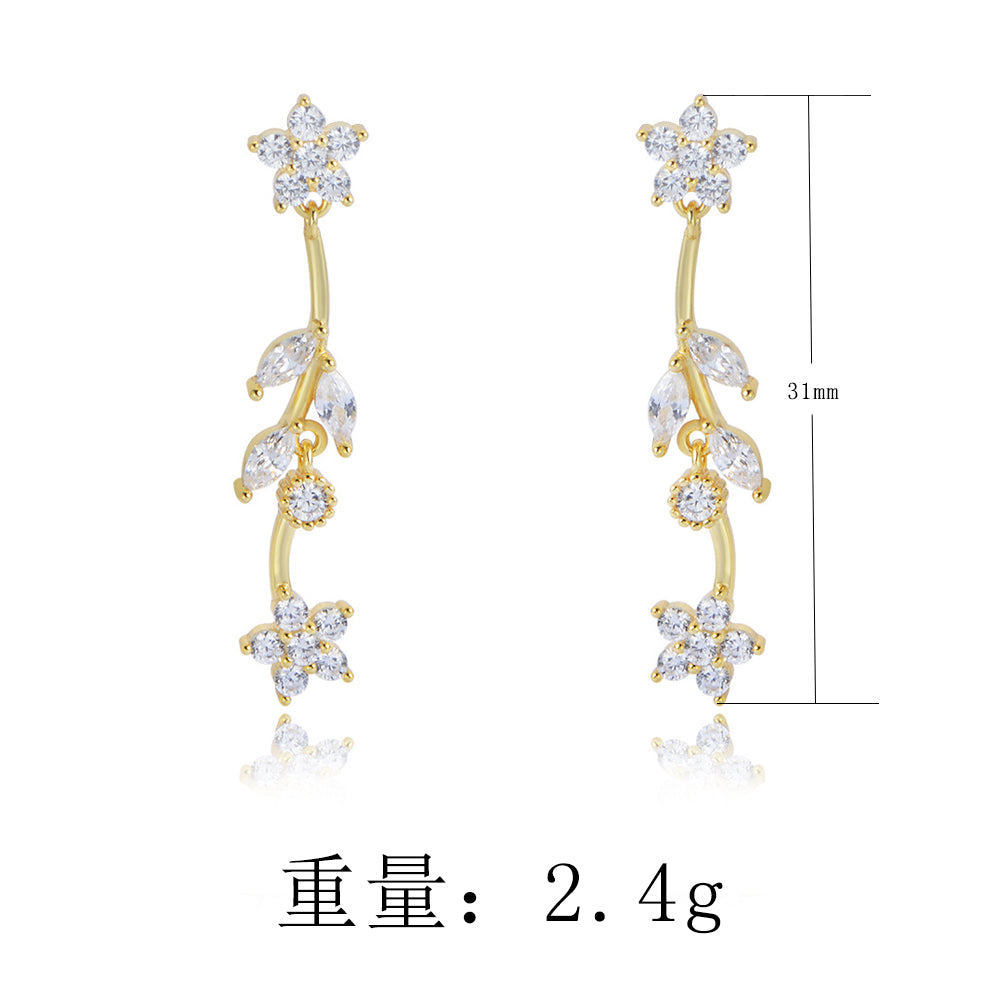 925 Silver Rose Gold Plated Jewelry Elegant Flower Leaf Long Drop Earrings