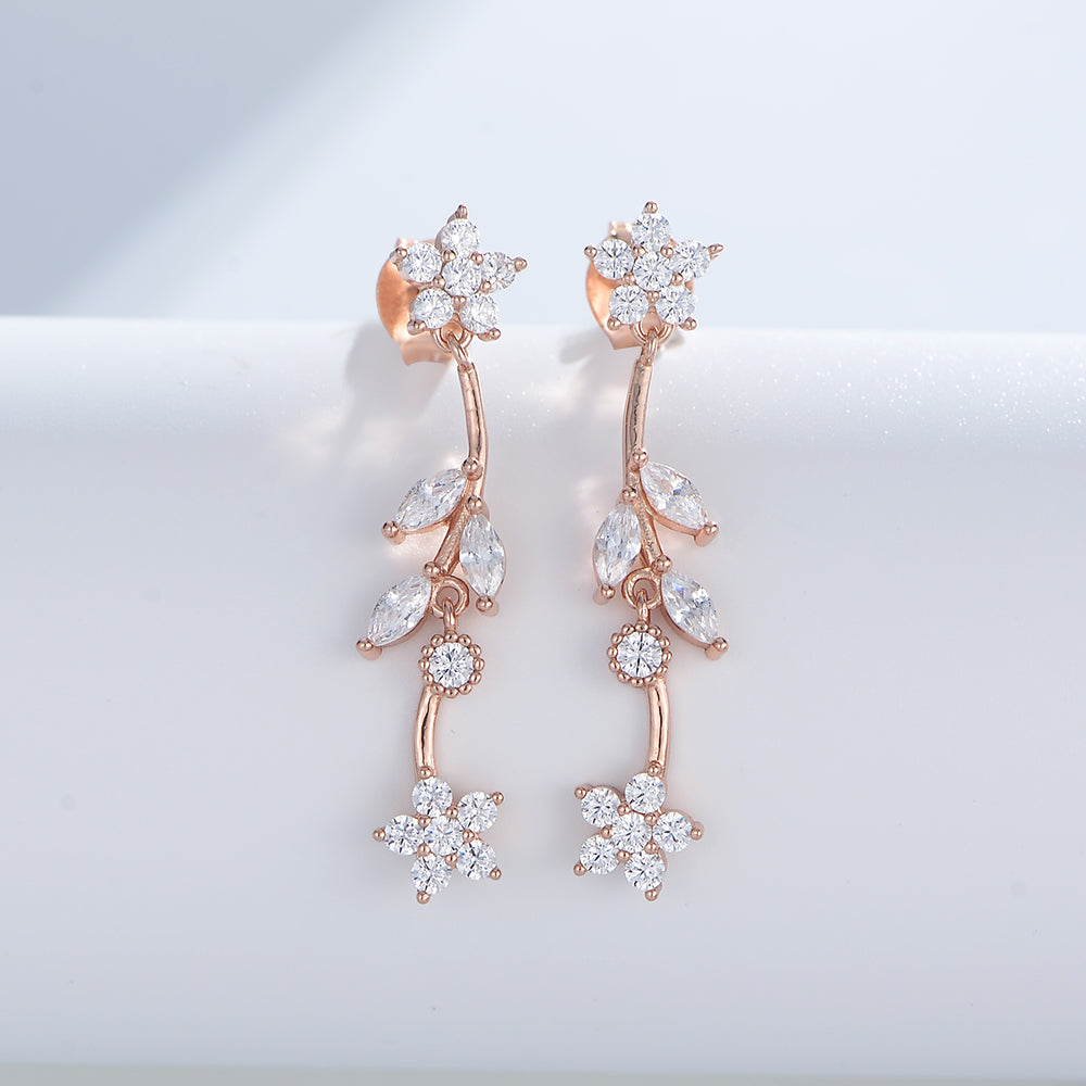 925 Silver Rose Gold Plated Jewelry Elegant Flower Leaf Long Drop Earrings