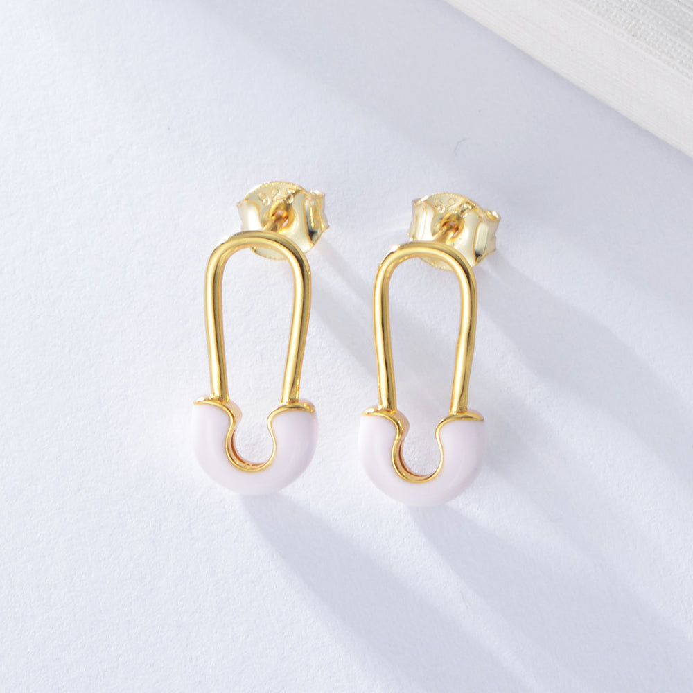 925 Silver 14K Gold Plated Enamel Safety Pin Stud Earrings