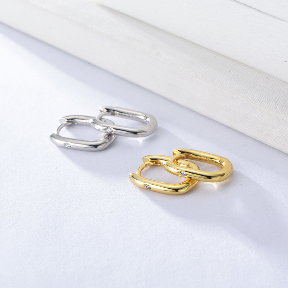 Geometric Glossy U-Shaped Ear Clip Huggie Hoop CZ Earrings