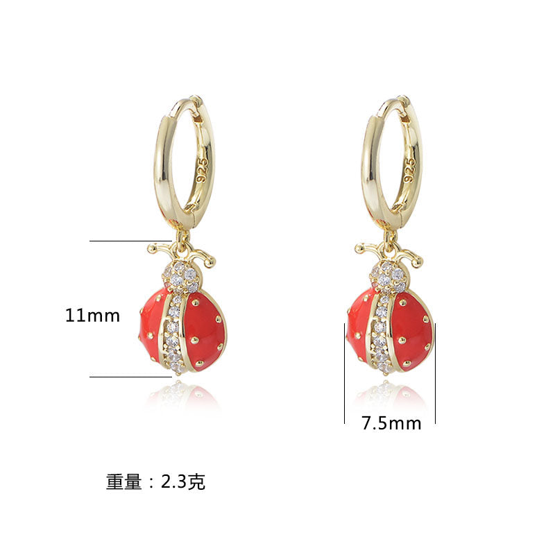 High Quality 925 Silver Zircon Fashion Insect Shape Red Ladybug Gold Plated Hoop Huggie Earrings