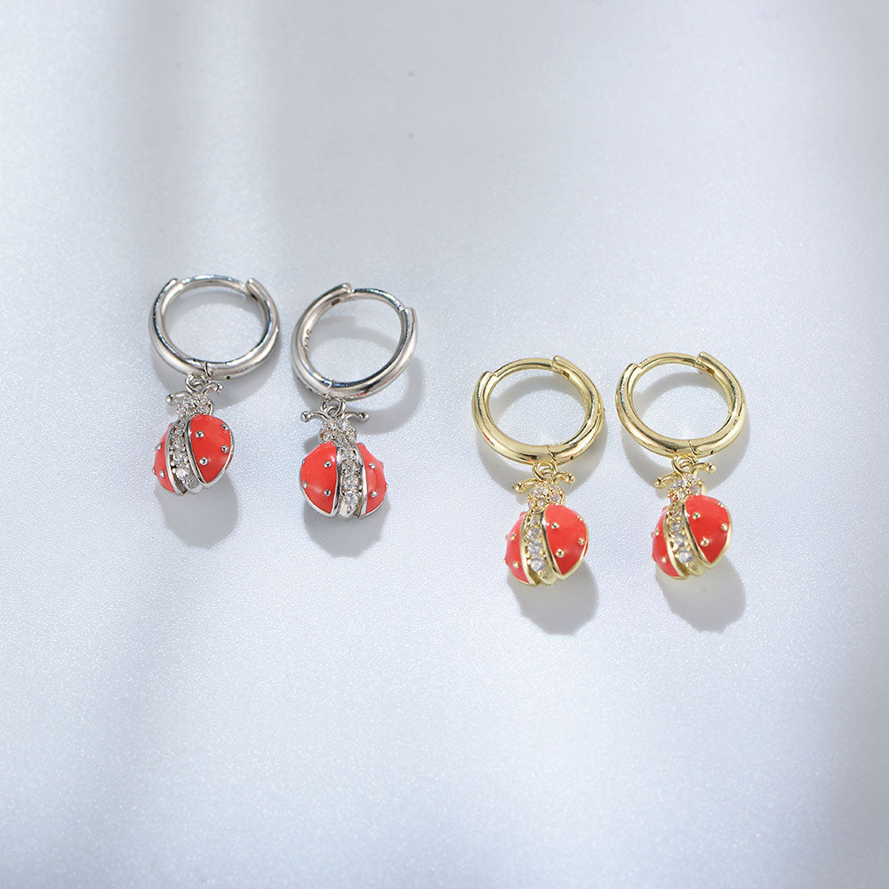 High Quality rZircon Fashion Insect Shape Red Ladybug Hoop Huggie Earrings
