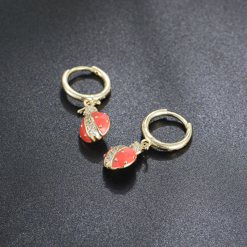 High Quality rZircon Fashion Insect Shape Red Ladybug Hoop Huggie Earrings