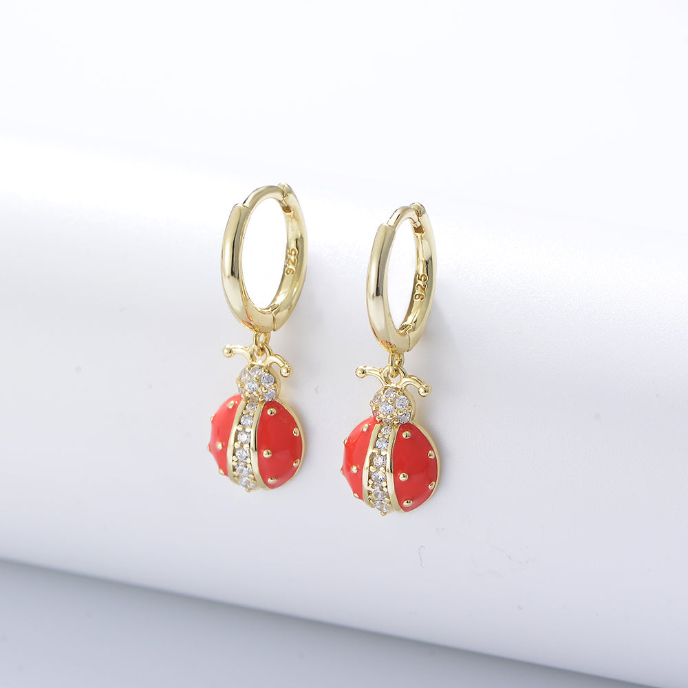 High Quality 925 Silver Zircon Fashion Insect Shape Red Ladybug Gold Plated Hoop Huggie Earrings