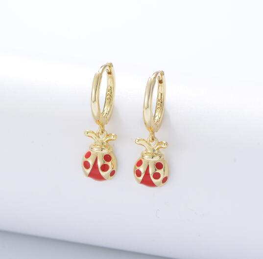 Trendy Ladybug Silver Earrings Jewelry 14K Gold Plated Hoop Earrings