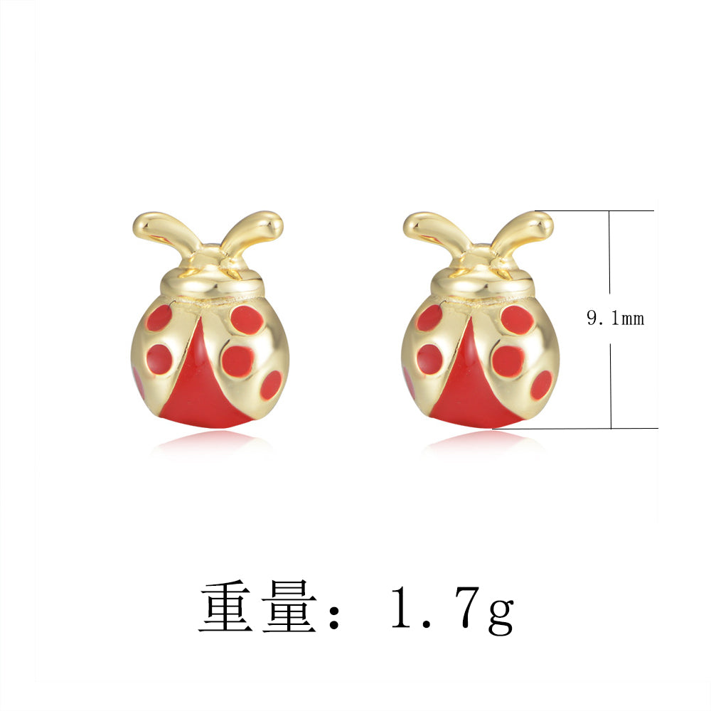 Animal Ladybug 14K Gold Plated 925 Sterling Silver Enamel Stud Earrings