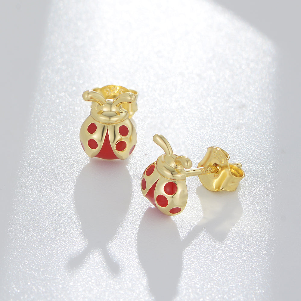 Animal Ladybug 14K Gold Plated 925 Sterling Silver Enamel Stud Earrings