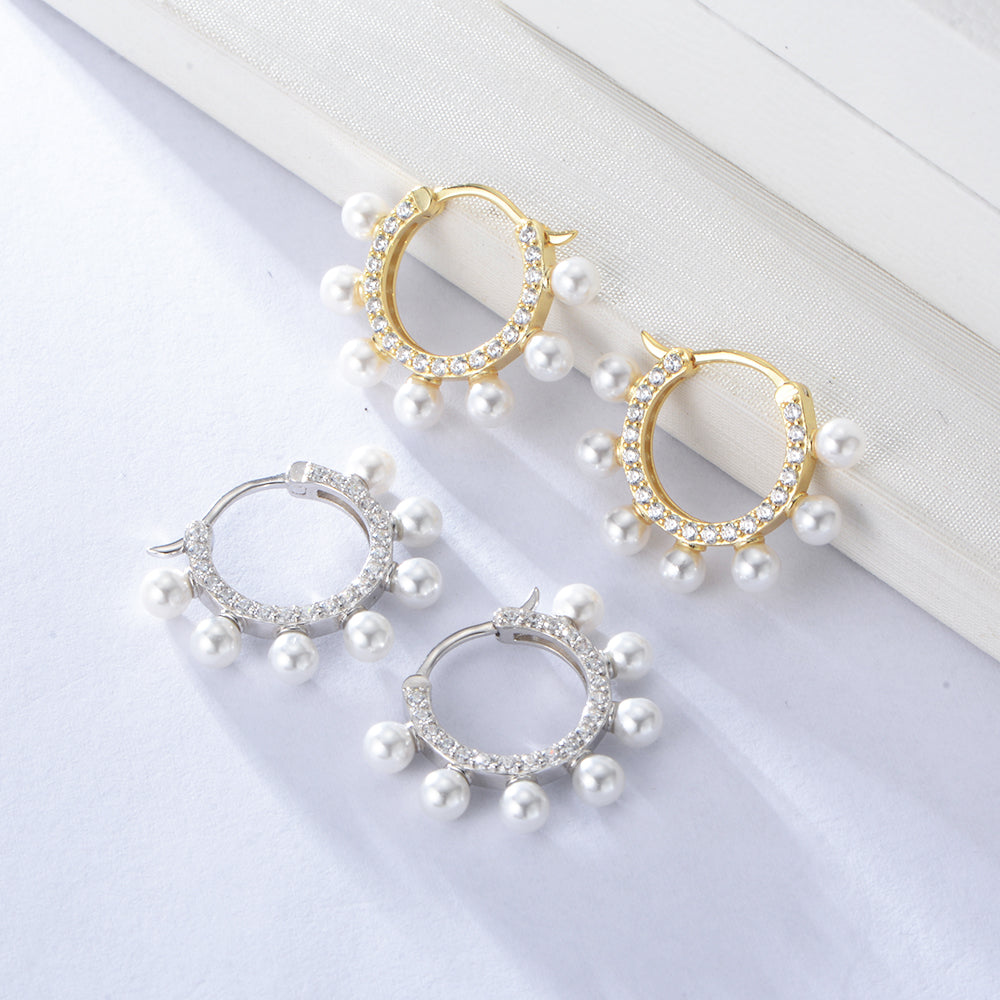 Gold Plated Full Round Pearl Hoop Huggie Earrings