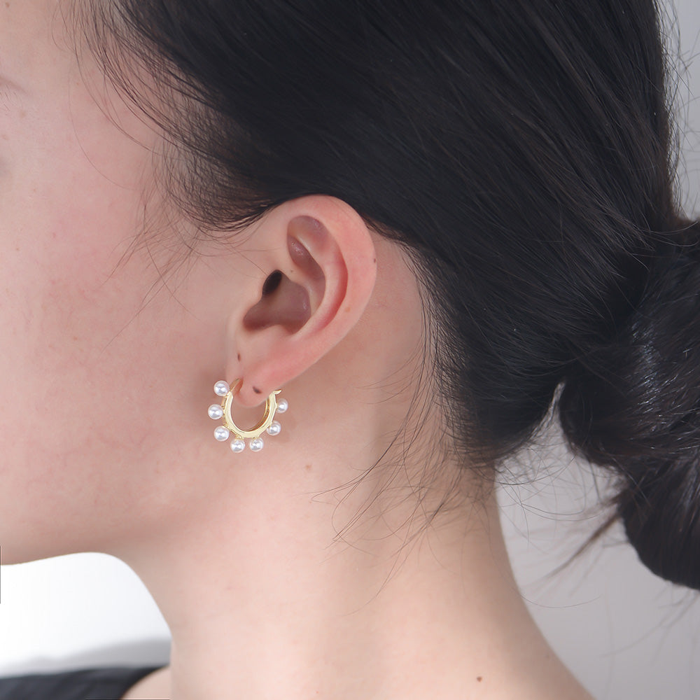 Gold Plated Full Round Pearl Hoop Huggie Earrings