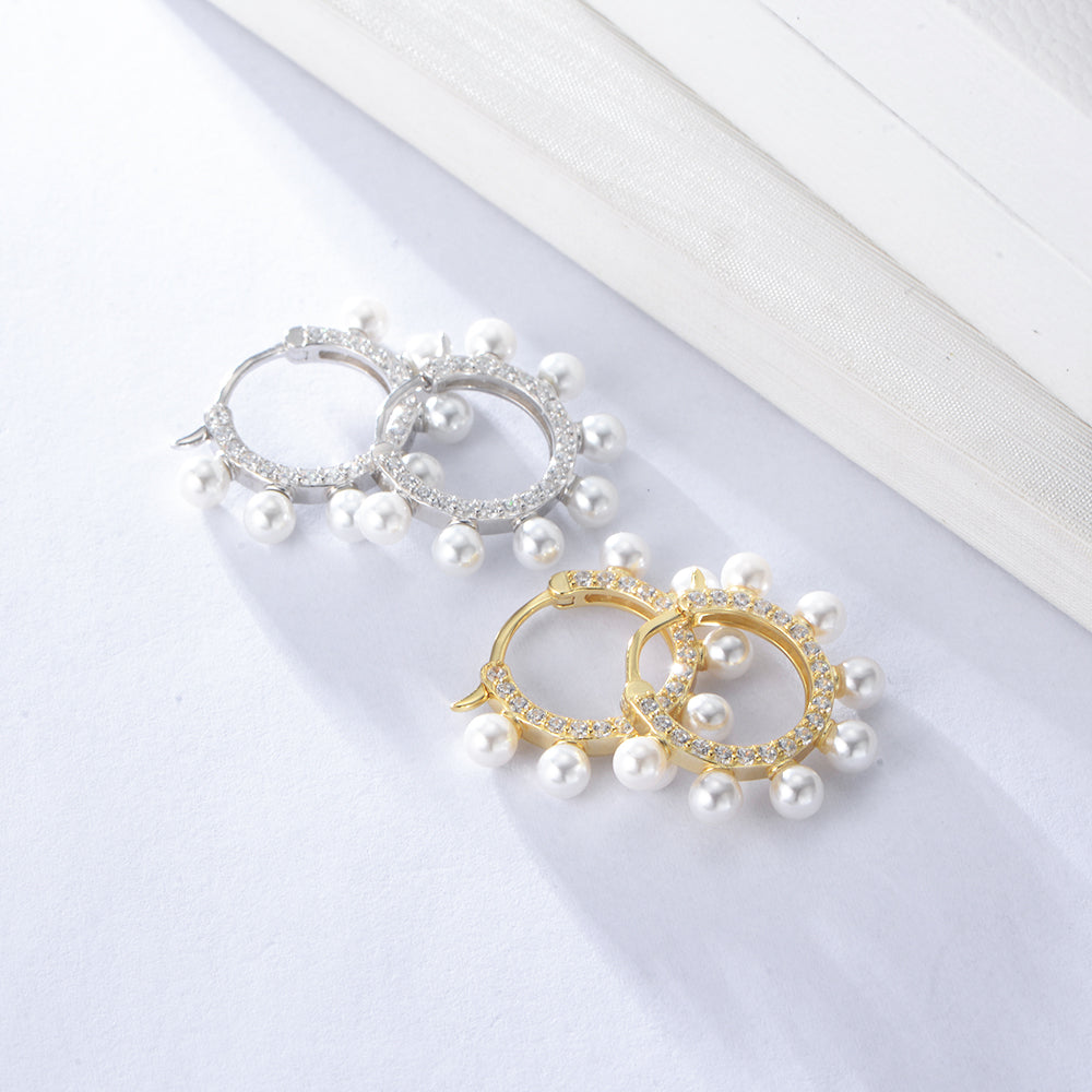 Gold Plated Full Round Pearl Hoop Huggie Earrings