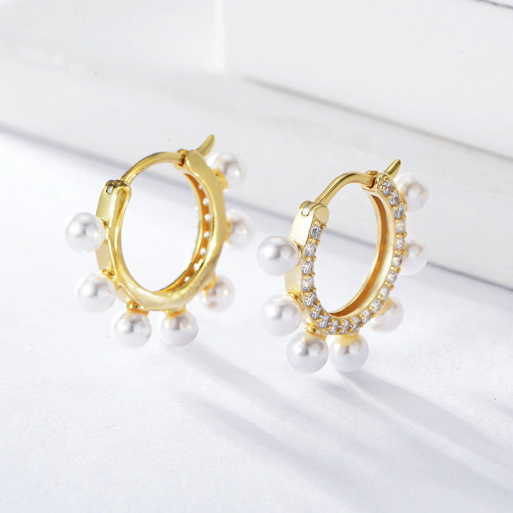 Gold Plated Full Round Pearl Hoop Huggie Earrings