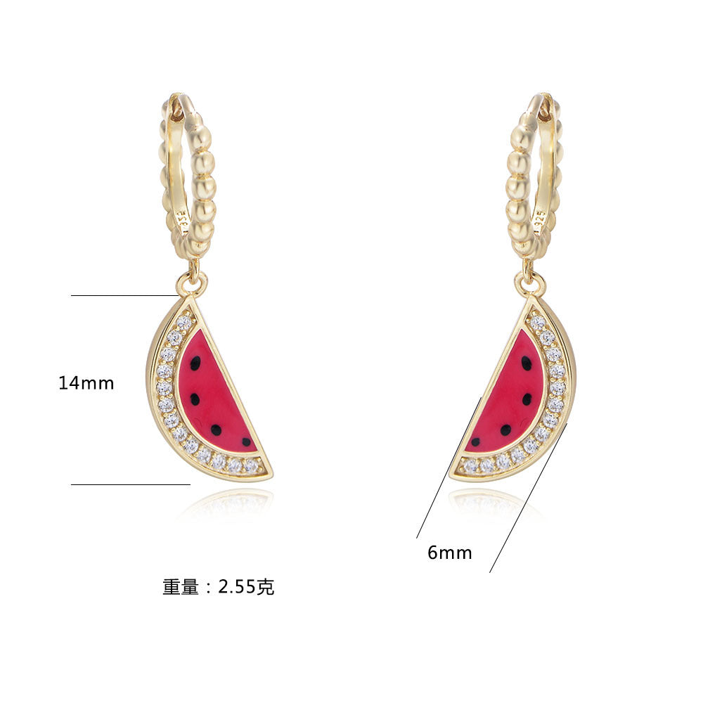 Watermelon Fruits S925 Sterling Silver 14K Gold Plated Bling Cubic Zircon Huggie Drop Earrings