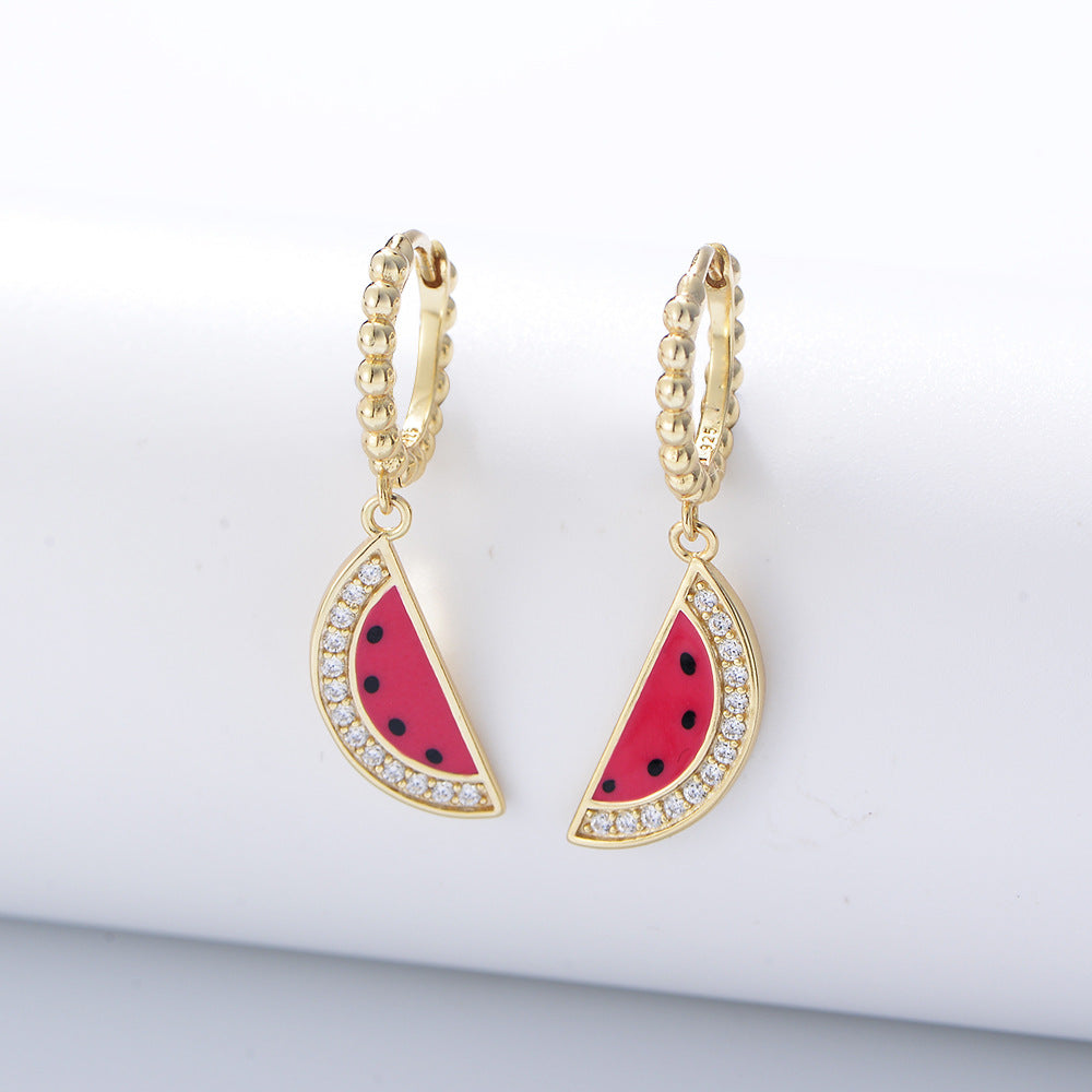 Watermelon Fruits S925 Sterling Silver 14K Gold Plated Bling Cubic Zircon Huggie Drop Earrings