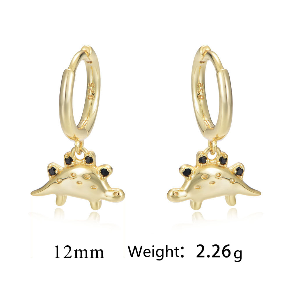 Trendy 925 Sterling Silver Black CZ Animal Small Dinosaur Drop Earrings