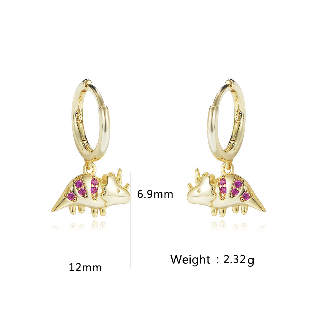 925 Sterling Silver Zircon Gold Plated Dinosaur Earrings