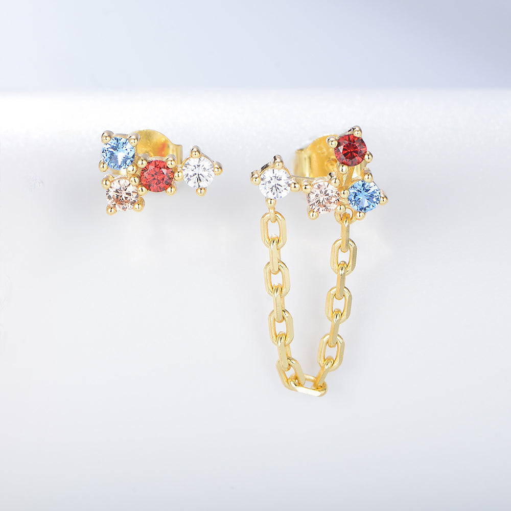 925 Silver Fashion Summer Jewelry Irregular Multicolor CZ Gold Chain Earrings